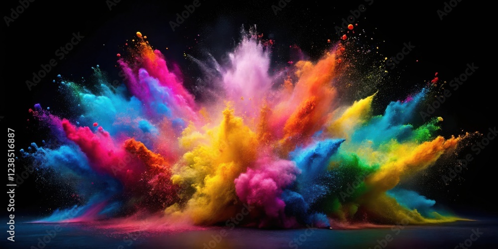 Poster a vibrant explosion of multicolored powder against a dark background, showcasing a spectrum of rich 