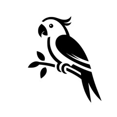 Elegant Black and White Parrot Silhouette on Branch: A Tropical Bird Vector Graphic