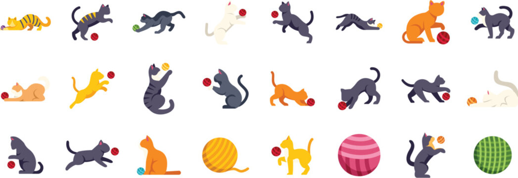 Adorable cats engaging in playful antics with colorful yarn balls, showcasing their feline agility and curiosity
