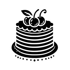 A delectable layered cake adorned with cherries, a delightful black and white illustration, perfect for baking enthusiasts and dessert lovers.