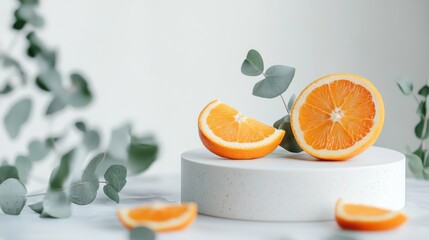 Juicy orange slices sit elegantly on a simple white pedestal, surrounded by delicate eucalyptus leaves. Soft natural light enhances the bright colors, creating a serene, refreshing atmosphere