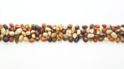 symmetrical arrangement of assorted nuts including almonds, walnuts, and peanuts on white background, showcasing their diverse textures and colors