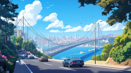 Obraz premium Sunny Istanbul bridge view, cars on road, cityscape background; travel postcard