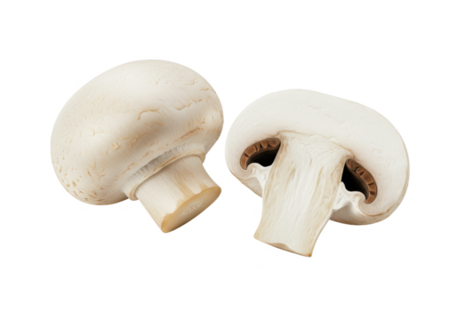 Two fresh mushrooms champignons, one whole and the other cut in half isolated on white background