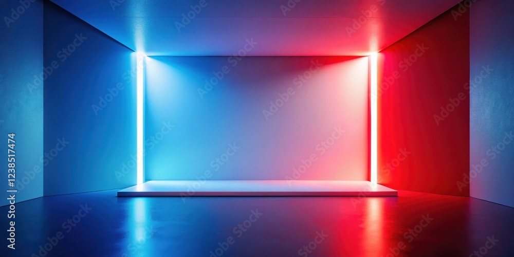 Poster abstract minimalist empty room with vibrant blue and red neon lighting, ideal for product display or