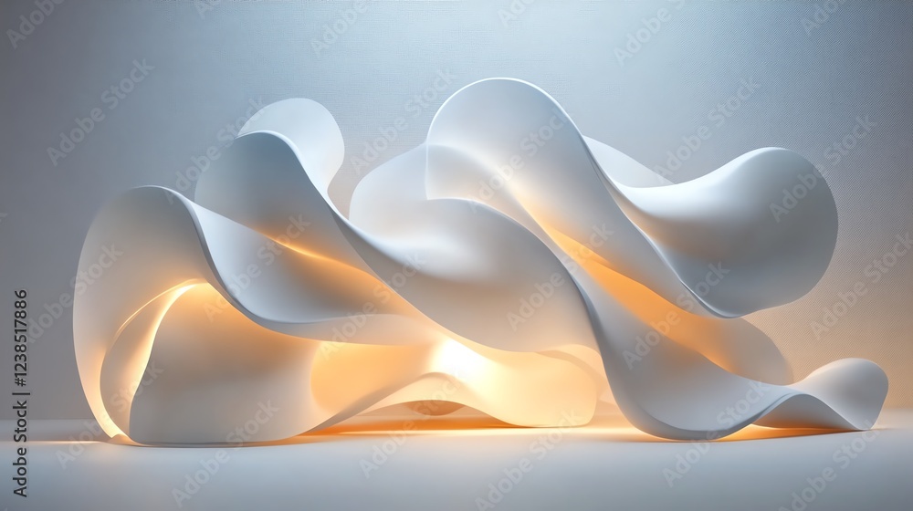 Poster illumination of sculptural design featuring flowing white shapes with warm light in a minimalistic s