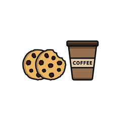 Drink and chocolate chip cookies set food icon in flat style, featuring a refreshing beverage in a cup with a straw and a stack of delicious chocolate chip cookies.
