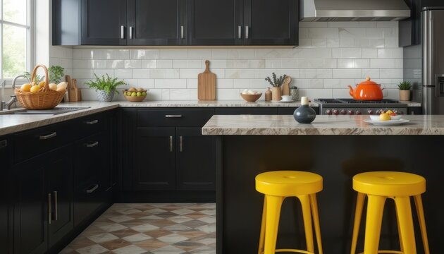 "A trendy kitchen featuring black cabinets, bright yellow stools, a colorful fruit basket, and an orange teapot on the stove."
