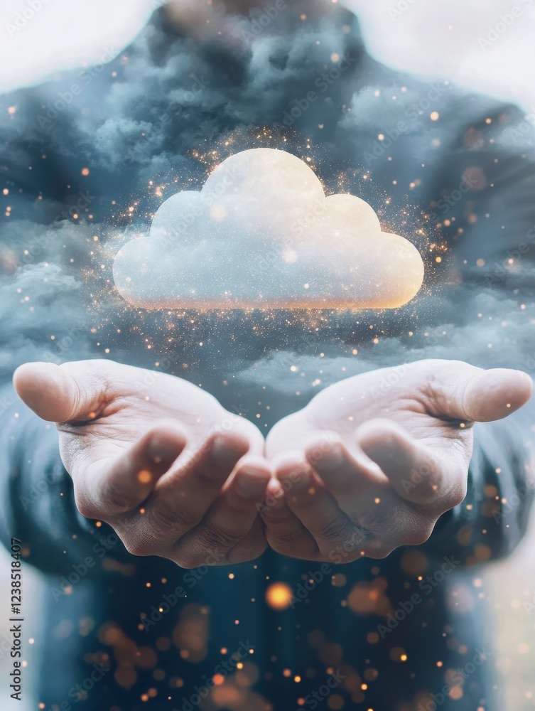 Poster data exchange concept with virtual cloud service buttons over man palms. double exposure