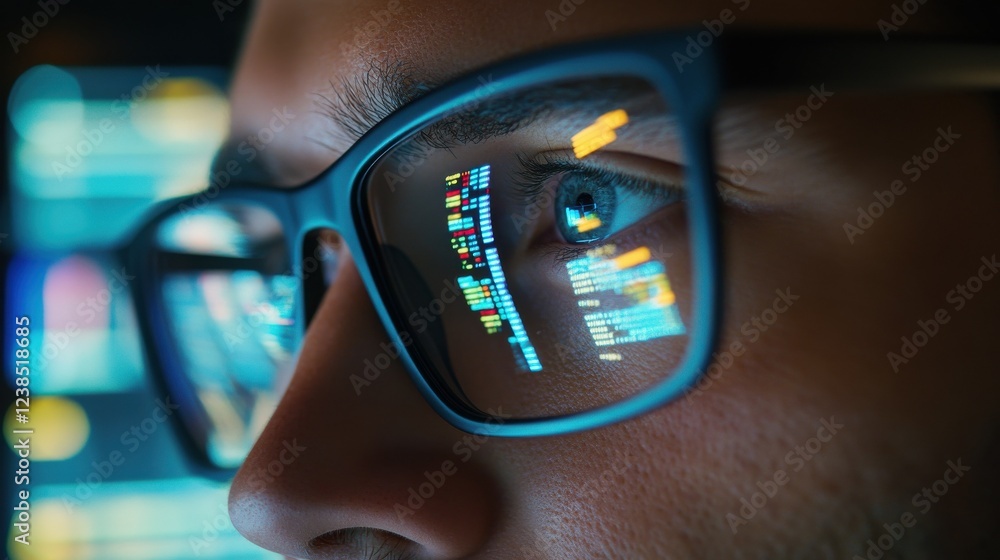 Aufkleber focused crypto trader analyst wearing eyeglasses working looking at computer screen reflecting in gl