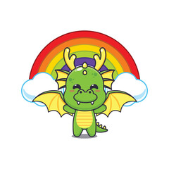 dragon mascot cartoon character vector illustration with rainbow.
