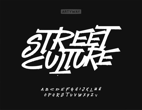 Street culture font, raw dynamic letters, street art freestyle alphabet, hip-hop branding, underground artistry. Rebellious youthful typography for hip-hop logo, expressive headline. Vector typeset.