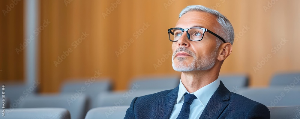 Poster Networking event idea. A thoughtful businessman reflects while seated in a modern office environment.