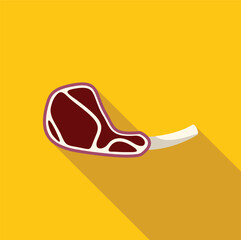 Flat design icon of a grilled t bone steak with long shadow on a yellow background, representing barbecue, food, and restaurants