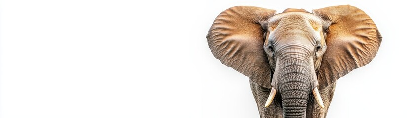 A close-up of an elephant's head, showcasing its large ears and textured skin against a plain background.