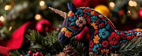 A colorful, embroidered unicorn figurine surrounded by festive decorations and greenery, evoking a whimsical holiday spirit.