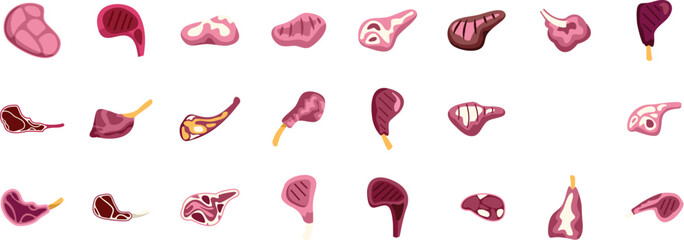 Collection of meat cuts showcasing diverse options, from raw to grilled, suitable for butchers, restaurants, or food related designs