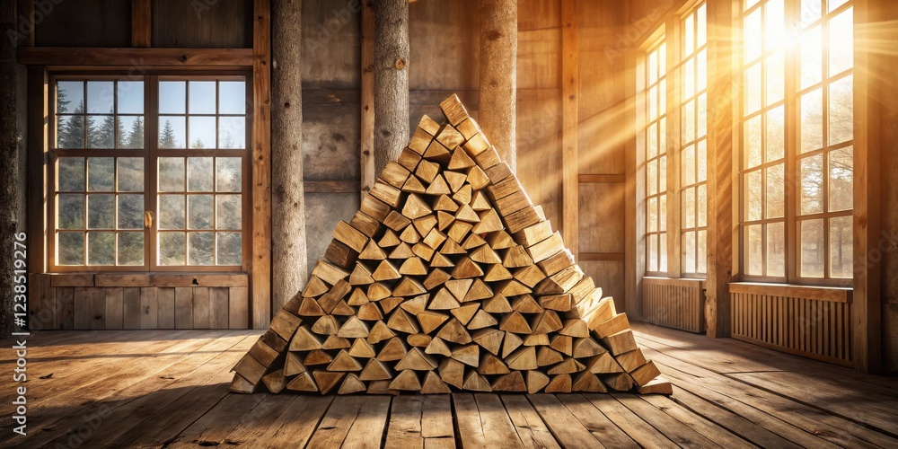 Aufkleber rustic wooden room with sunlight streaming through windows and a large stack of firewood in a triang