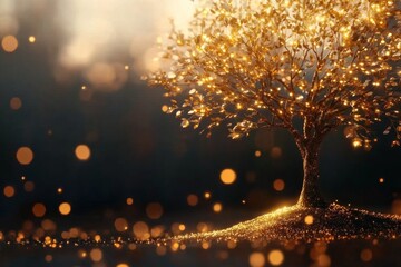 A magical golden tree with glowing leaves, each inscribed with different percentages, symbolizing the growth of interest rates in a mystical economy