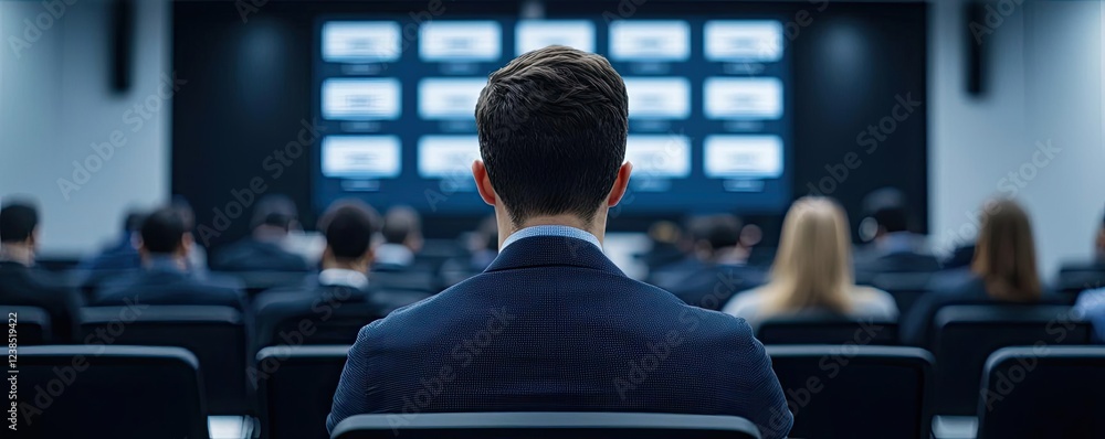 Poster Networking event idea. Audience at a corporate presentation with a focus on engagement and learning.
