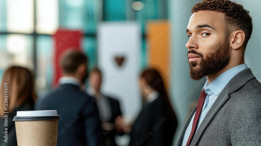 Aufkleber networking event idea. confident businessman with coffee, networking in a modern office environment.