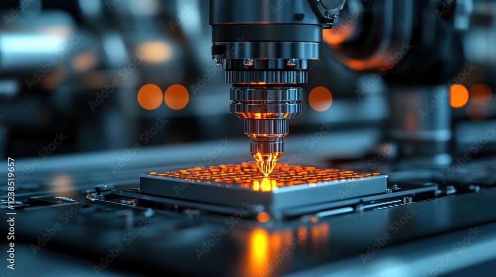 Poster advanced robotic machinery performing precision manufacturing with glowing components in a high-tech