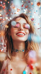 Obraz premium Woman smiles joyfully amidst falling confetti.