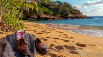 Fototapeta premium On a beautiful beach, a neatly arranged abandoned black suit and polished brown shoes lay on the warm sand