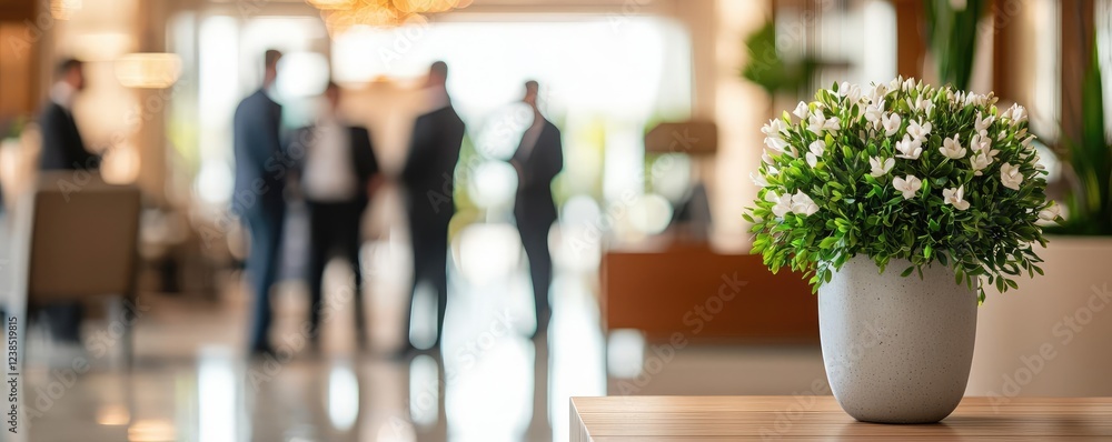 Poster networking event idea. elegant floral arrangement in a modern office environment with professionals 