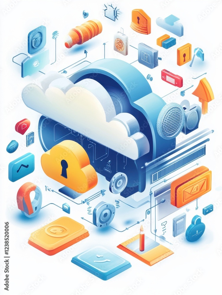 Poster virtual information protection, online data storage safety. cloud-based engine, cloud engineering, c