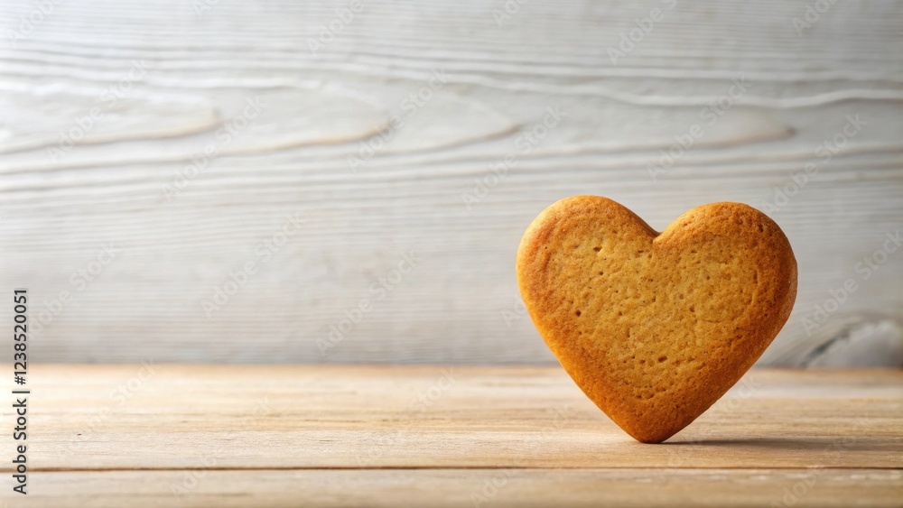 Poster a single heart-shaped cookie rests on a rustic wooden surface against a light wood background