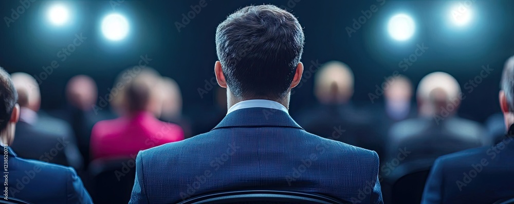 Poster networking event concept. businessman observing a presentation with dramatic lighting and focused at