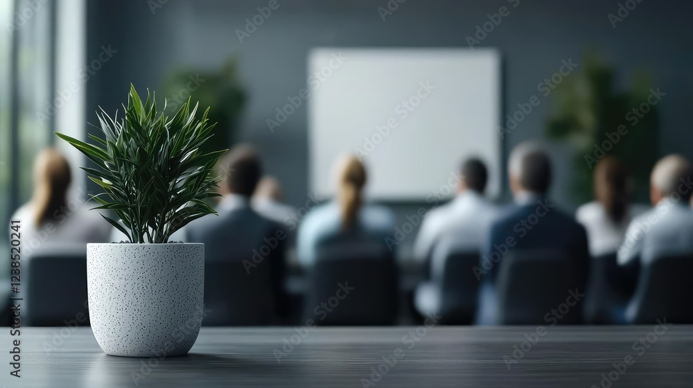 Poster networking event idea. a plant in the foreground with business professionals in a meeting space.