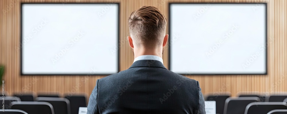 Poster Networking event idea. Professional setting with a man in a suit facing blank screens ready for a presentation.