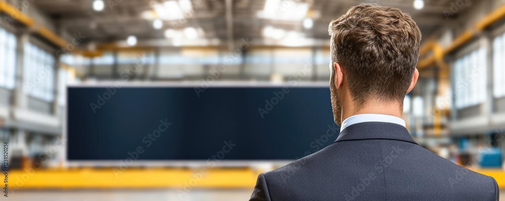 Poster networking event idea. professional man observing a blank screen in a spacious industrial environmen