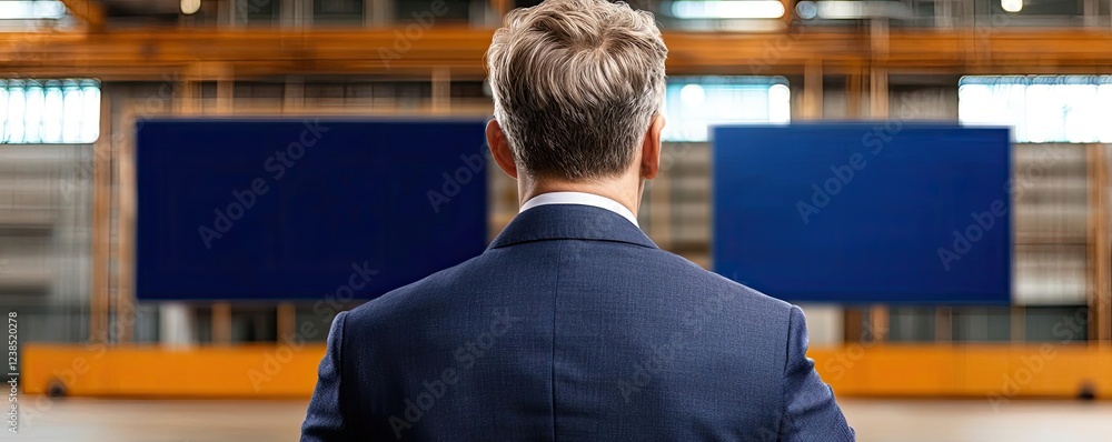 Poster networking event idea. professional man observing blue screens in a modern industrial setting.
