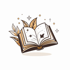 Open book with autumn leaves and sparkles, magic of reading