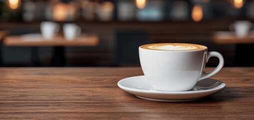 Fototapeta premium Networking event concept. A beautifully crafted coffee cup sits on a wooden table in a cozy cafe ambiance.