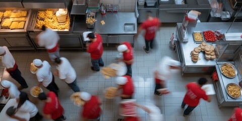 A shot of a fast-food kitchen during rush hour, workers in motion