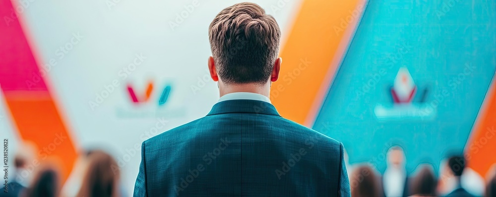 Poster networking event idea. a businessman stands confidently, analyzing a vibrant presentation.