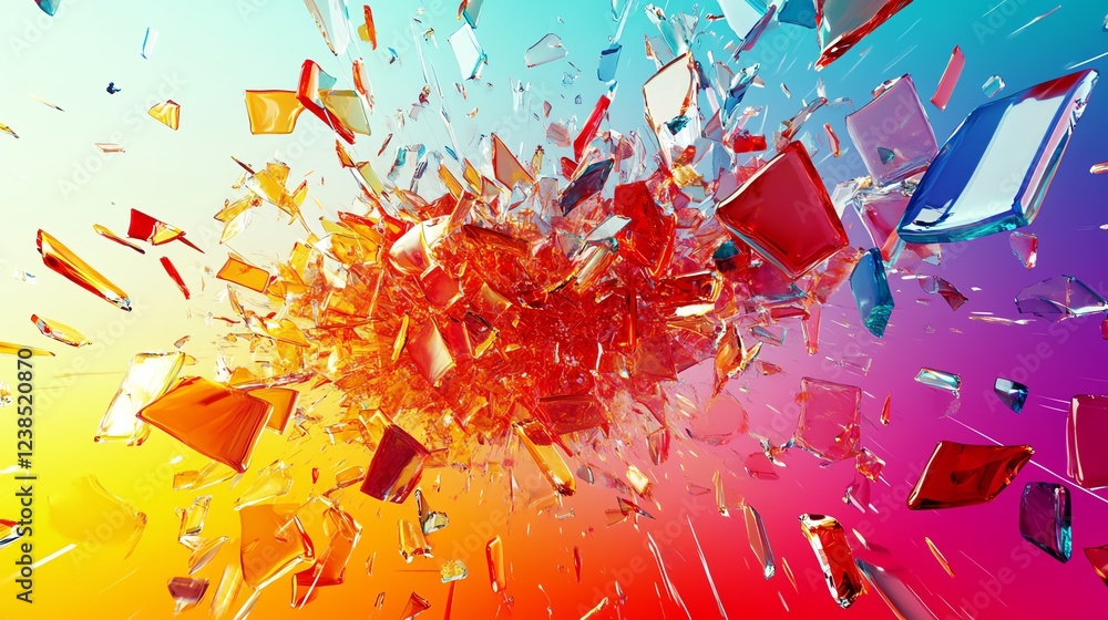 Poster colorful shards of broken glass burst outward, creating an explosive and vibrant display in a dynami