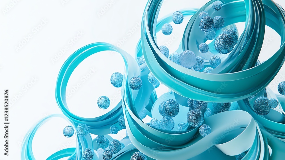Poster sculptural design featuring swirling turquoise ribbons and floating spheres in a modern abstract com