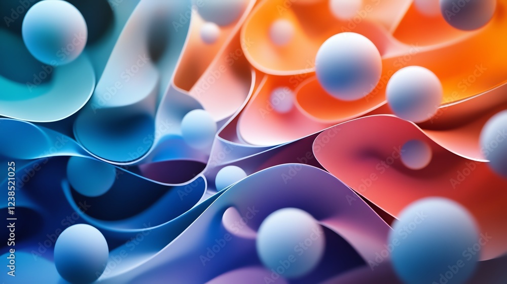 Poster colorful abstract design with flowing shapes and floating spheres in a dynamic composition