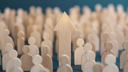 Fototapeta premium Wooden Arrow Pointing Up Surrounded by Small Figures Representing Urban Population Growth and Community Development Symbolism