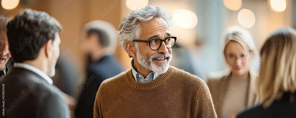 Aufkleber Networking event idea. A smiling businessman enjoys an engaging conversation in a modern office setting.