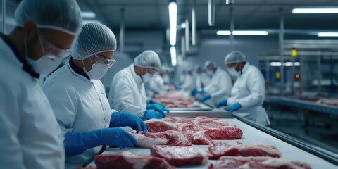 A group of workers in an industrial abattoir, dressed in white protective gear and aprons, handling large cuts of meat with precision