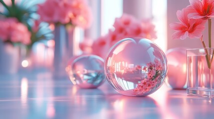 Pink Reflection, A soft and ethereal still life with pink flowers reflected in a clear glass sphere, creating a dreamy and romantic ambiance.
