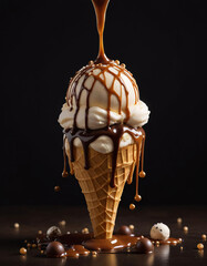 Luxurious Golden Caramel Truffle Ice Cream Scoop with Salted Caramel Drizzle