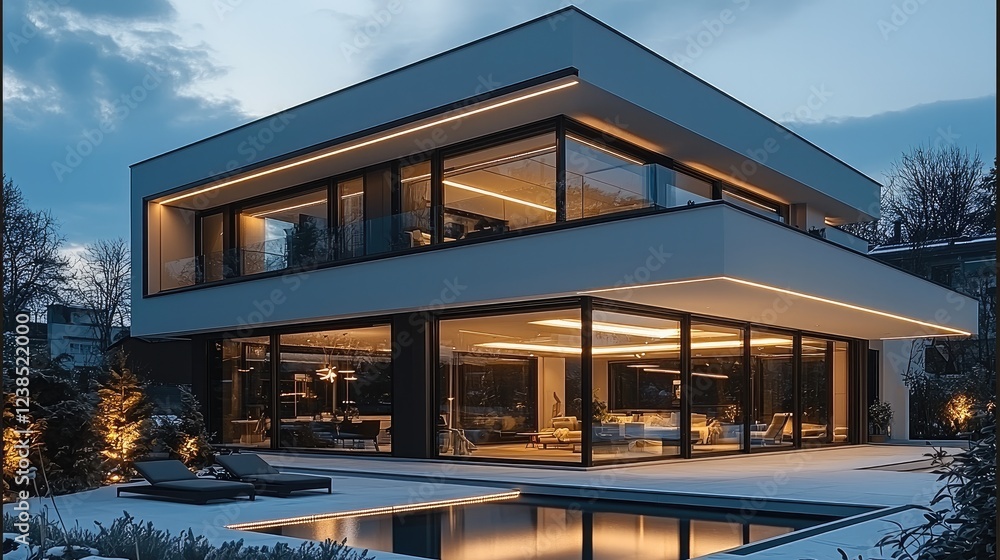 Poster modern house with better energy efficiency with smart lighting management systems.