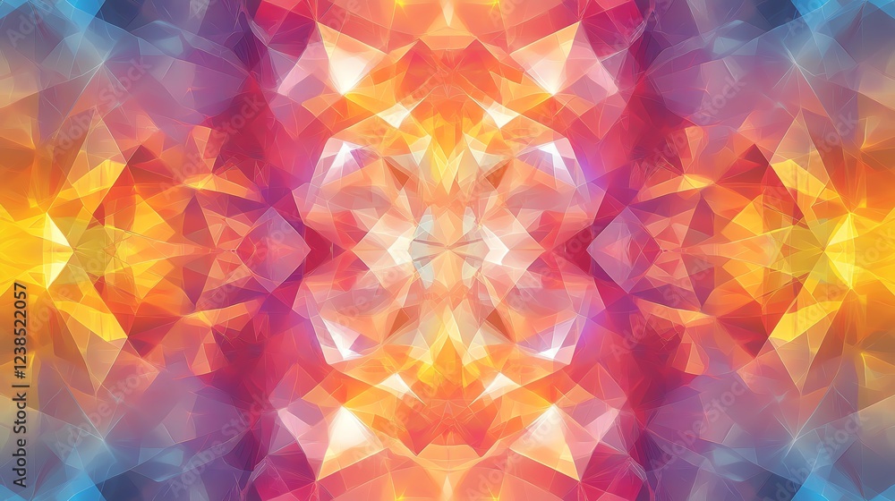 Poster intricate kaleidoscope pattern featuring vibrant colors and geometric shapes set against a soft grad